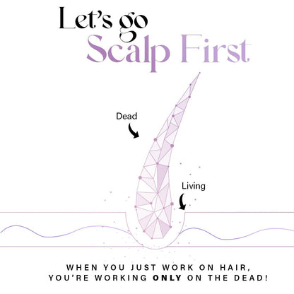 Diagram of scalp with 'Dead' and 'Living' hair strands, text 'Let's go Scalp First' and 'When you just work on hair, you're working only on the dead!'.