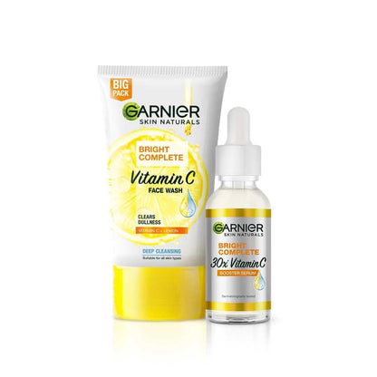 Garnier Skin Naturals Bright Complete Vitamin C face wash and booster drop on a white background