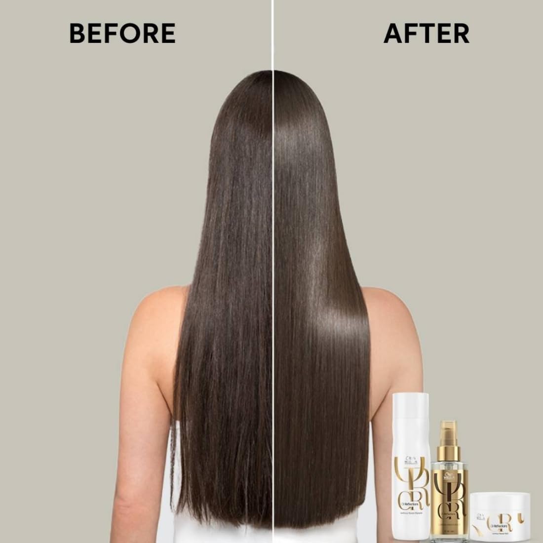 Before and after comparison of hair treatment with hair products displayed.