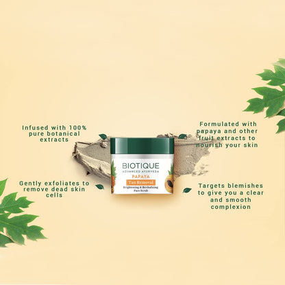 Biotique Papaya Face Scrub packaging with botanical extracts on a beige background