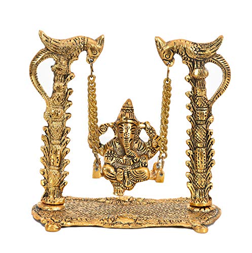 Metal God Ganesh Ganpati on Swing Idol Sculpture Showpiece Home Decor & Office Decoration (Golden)