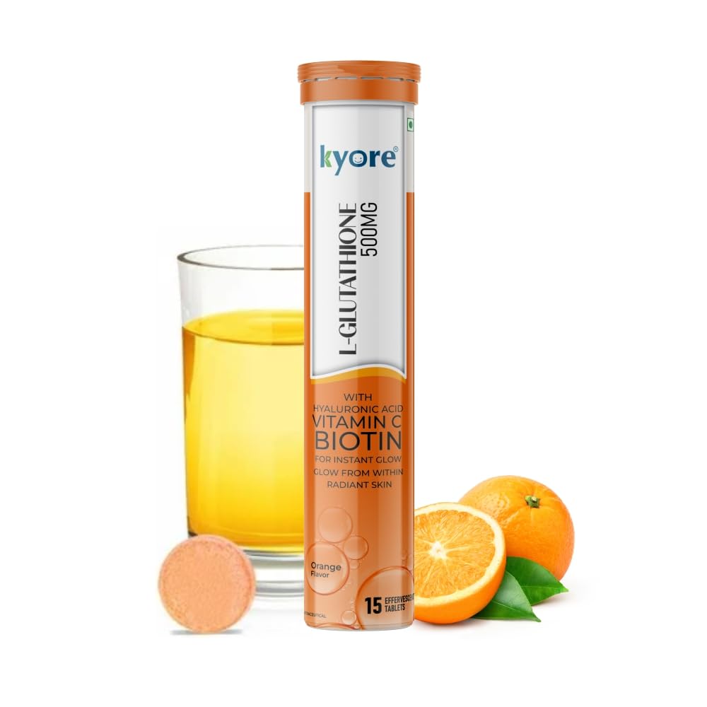 Kyore L-Glutathione supplement tube with a glass of orange juice and oranges on a white background