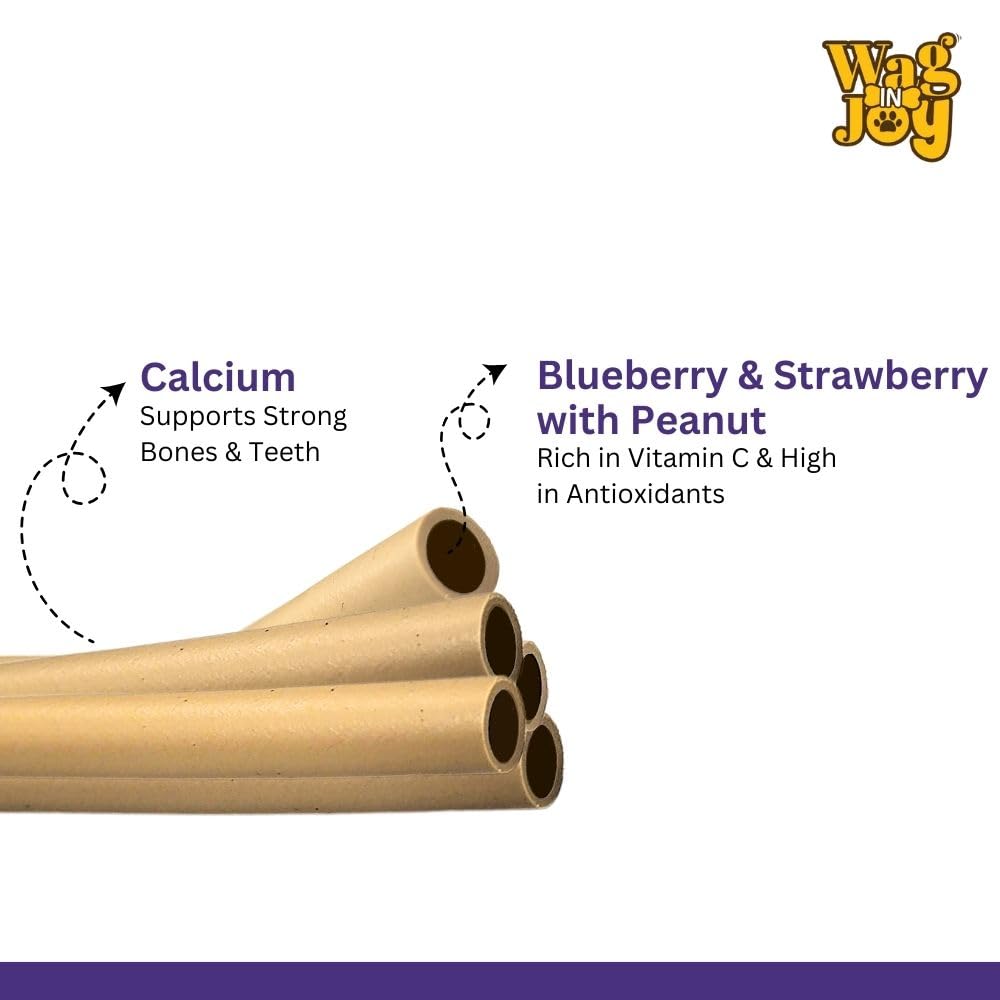 WAG IN JOY Calcium Super Treats Sticks 125 GMS | 100% Vegetarian Dog Treat|| Strong Bones and Joint| with Omega 3| Dog Food| Pack of 1|Blueberry & Strawberry with Peanuts|,Young