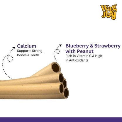 WAG IN JOY Calcium Super Treats Sticks 125 GMS | 100% Vegetarian Dog Treat|| Strong Bones and Joint| with Omega 3| Dog Food| Pack of 1|Blueberry & Strawberry with Peanuts|,Young