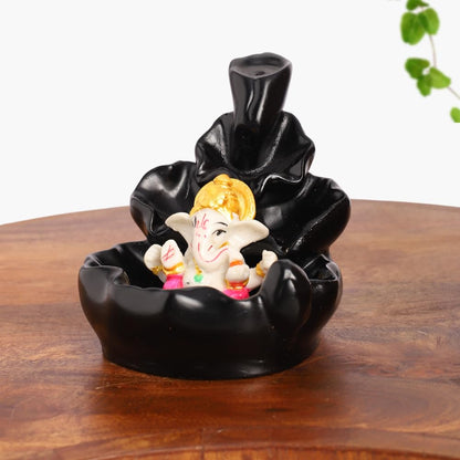 Black Ganesha Idol Waterfall Statue with 8 Incense Smoke Back Flow Fountain Cone Incense Holder | for Table, Living Room, Home Decorative Item