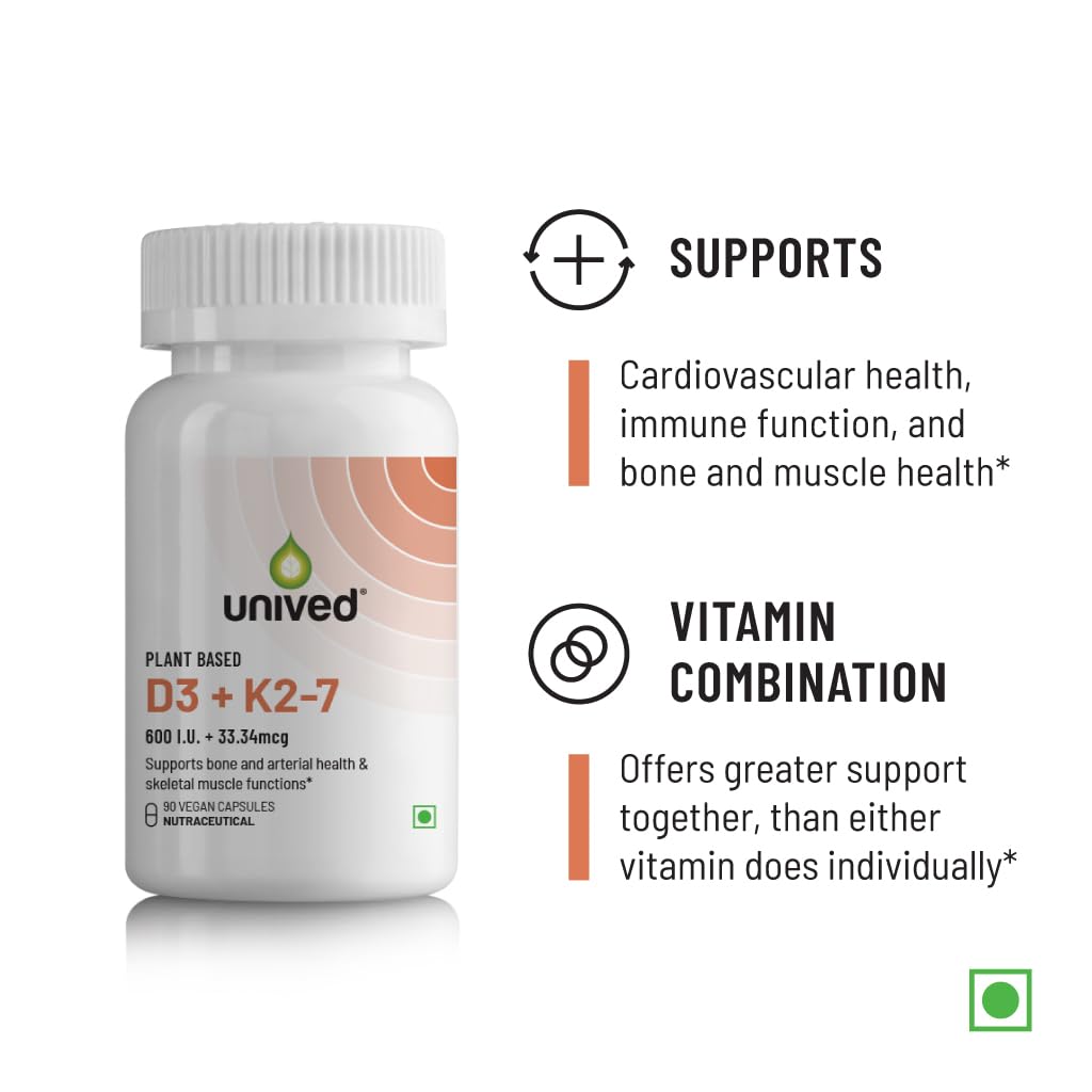 Zephivo Unived D3+K2 (MK-7) | Vegan Vitamin D3 & Vitamin K2-7 (MenaquinGold) | Immunity, Heart, Muscle, & Bone Health | Plant-Based & Natural | 90 Vegan Capsules
