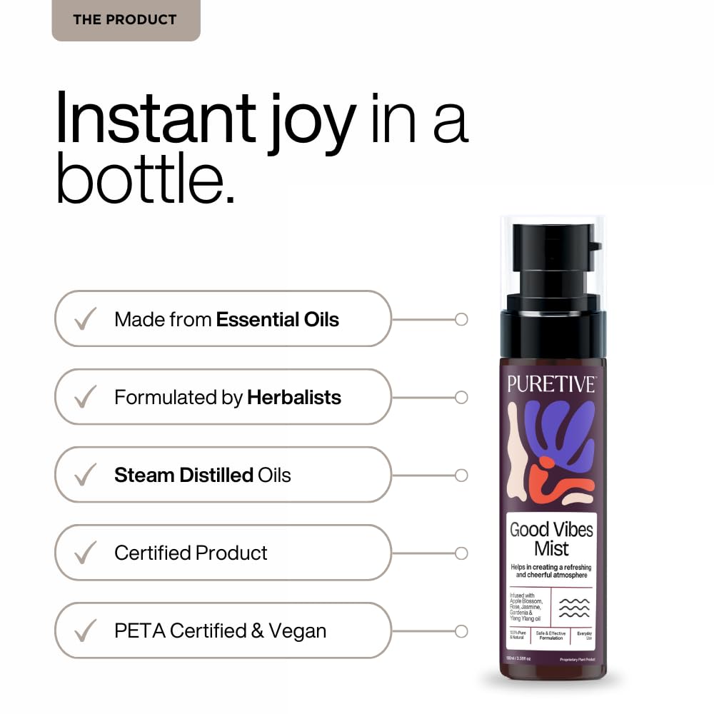 PURETIVE Good Vibes Mist bottle with product features listed on a white background