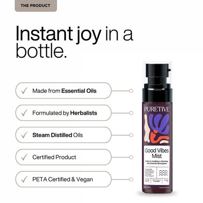 PURETIVE Good Vibes Mist bottle with product features listed on a white background