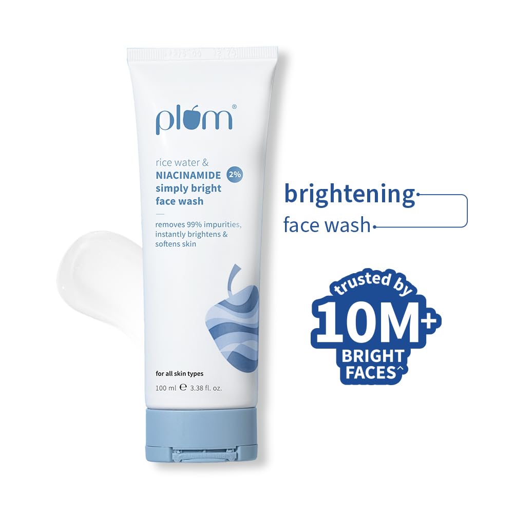 Plum 2% Niacinamide & Rice Water Face Wash 100ml | Hydrates & Brightens Skin | Softens & Smoothens Skin | Gentle & Non-Drying | Gently Cleanses 99% pore clogging impurities | Women & Men |