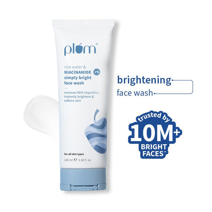 Plum 2% Niacinamide & Rice Water Face Wash 100ml | Hydrates & Brightens Skin | Softens & Smoothens Skin | Gentle & Non-Drying | Gently Cleanses 99% pore clogging impurities | Women & Men |