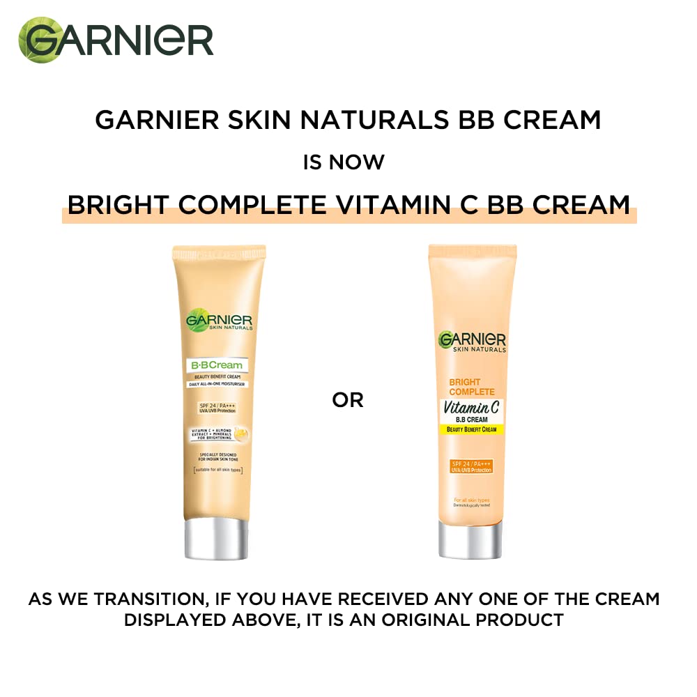 Garnier Skin Naturals BB Cream with text about transition to Bright Complete Vitamin C BB Cream.