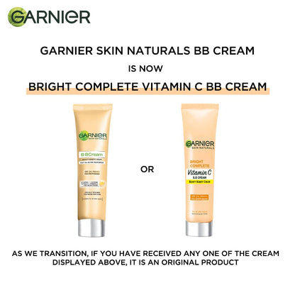 Garnier Skin Naturals BB Cream with text about transition to Bright Complete Vitamin C BB Cream.