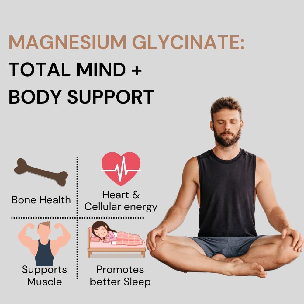 Man meditating with health benefits of magnesium glycinate listed on a gray background