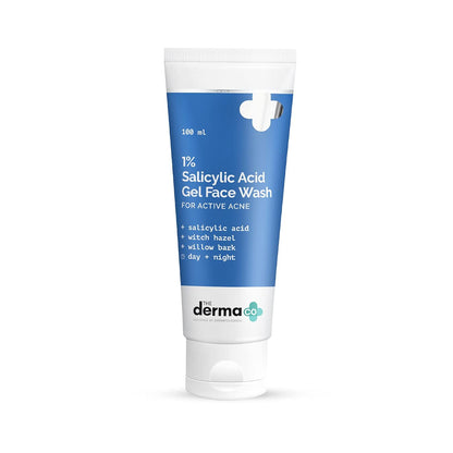 Tube of derma+ 1% Salicylic Acid Gel Face Wash on a white background
