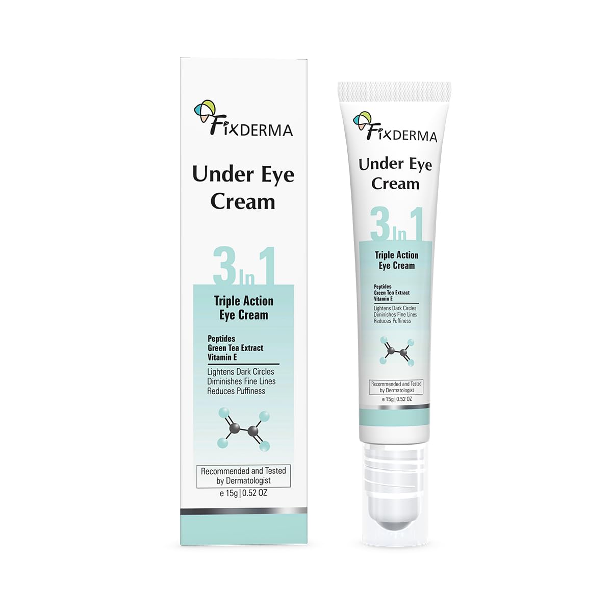 Fixderma Under Eye Cream Roll on with Peptides, Green Tea Extract & Vitamin E | Reduces Dark Circles, Puffiness, Wrinkles & Fine Lines | Triple Action | for Men & Women | 15g