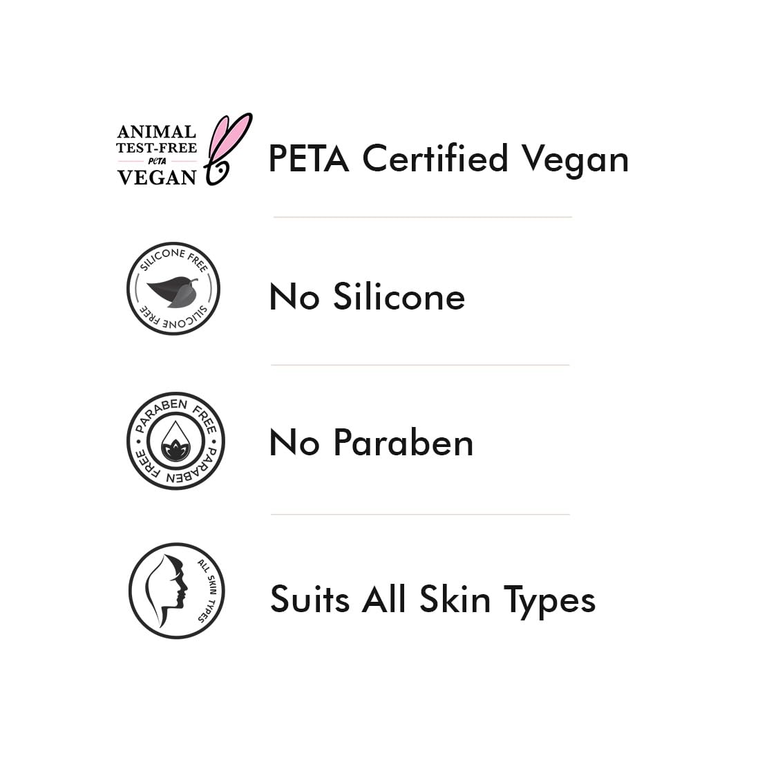 Certification logos for animal test-free, vegan, no silicone, no paraben, and suits all skin types on a white background.
