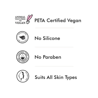 Certification logos for animal test-free, vegan, no silicone, no paraben, and suits all skin types on a white background.