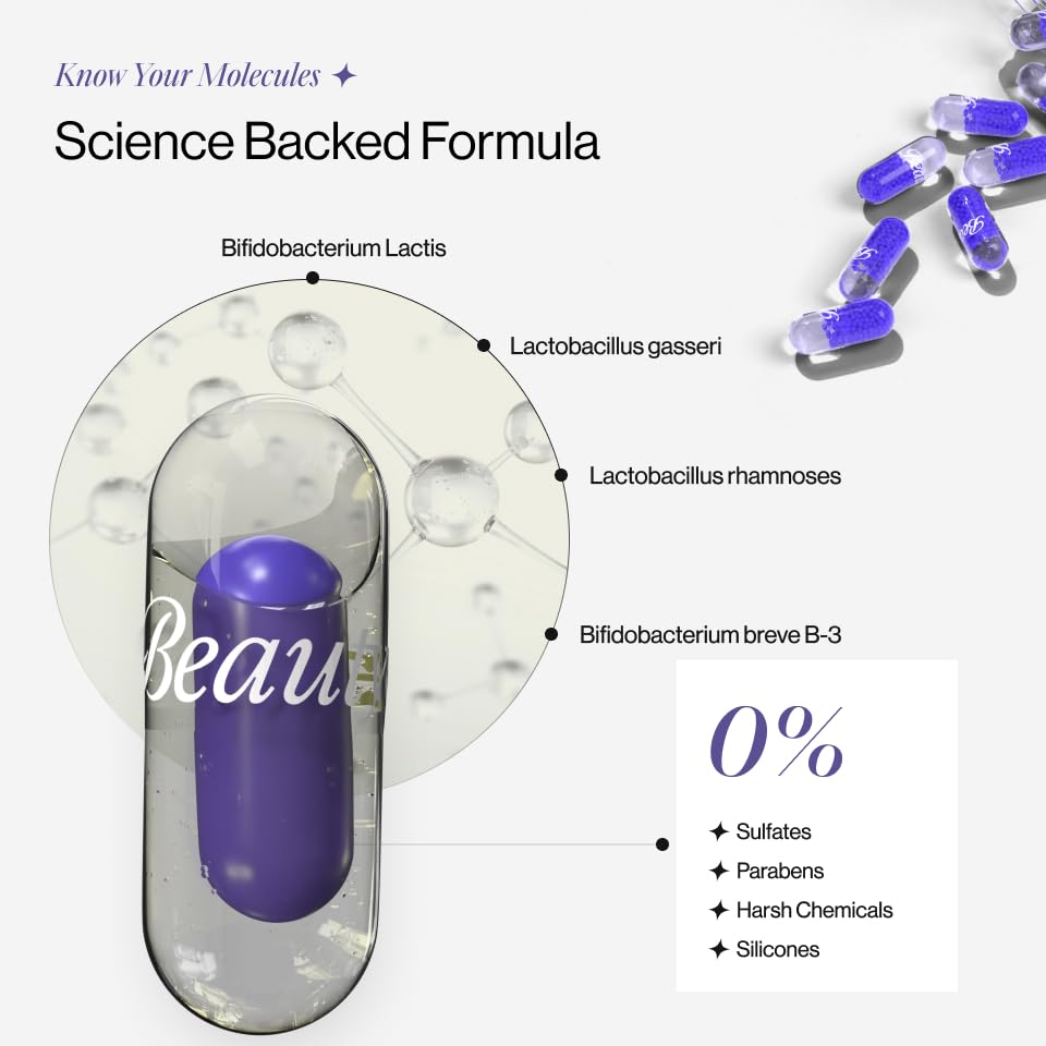 Purple capsule labeled 'Beau' with scientific text on a white background