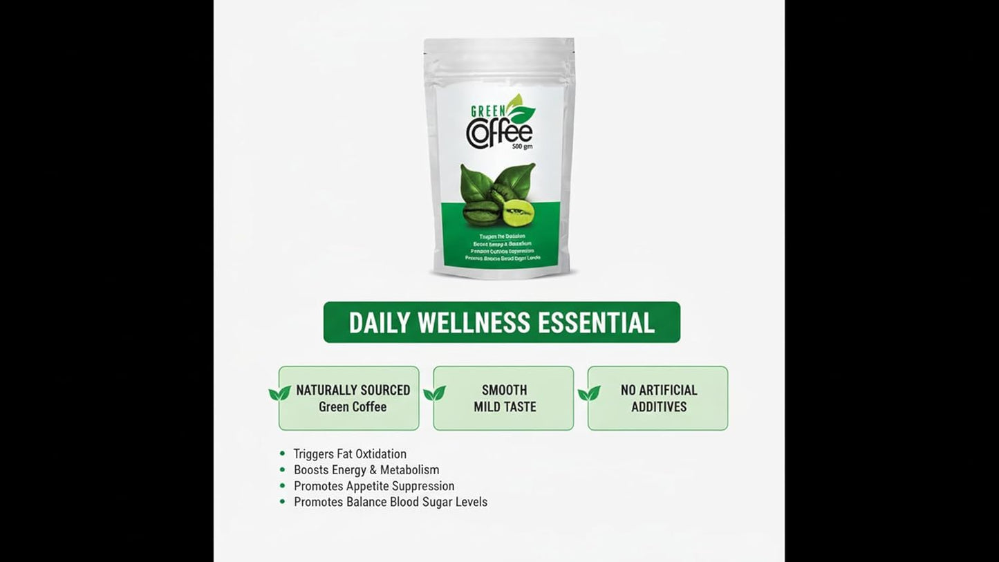 Green coffee product packaging with text on a white background
