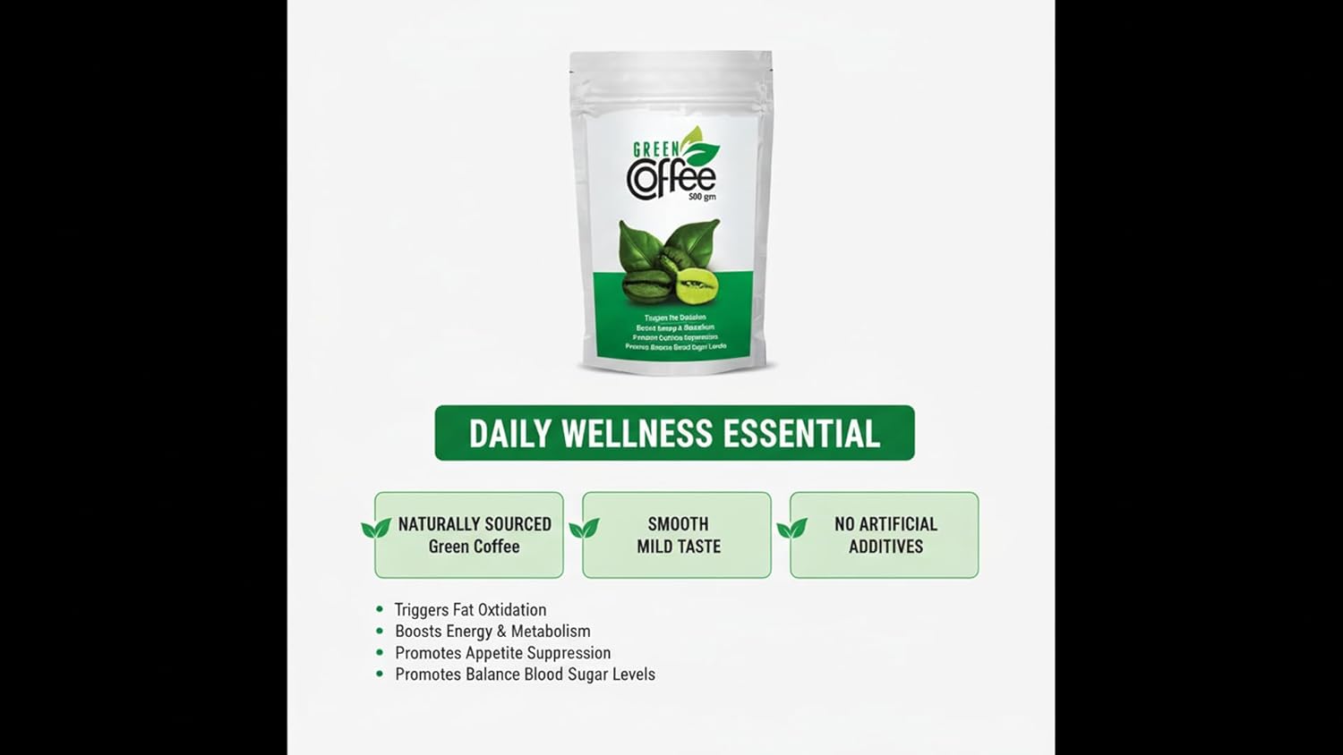 Green coffee product packaging with text on a white background