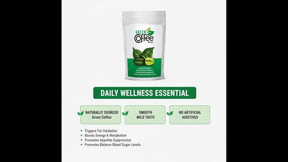 Green coffee product packaging with text on a white background