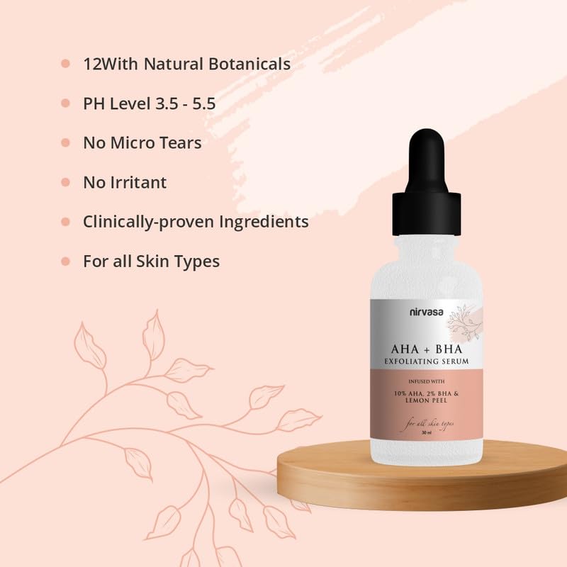 Nirvasa AHA + BHA Exfoliating Serum (30ml) | 10% AHA, 2% BHA & Lime Pearl | Removes Dead Skin Cells, Refines Pores, Improves Texture & Brightens | Silicon-Free, Paraben-Free & Cruelty-Free