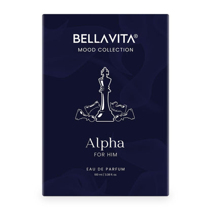 Bellavita Alpha for Him eau de parfum packaging on a white background