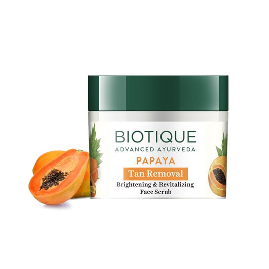Biotique Papaya Tan Removal Face Scrub with a papaya on a white background