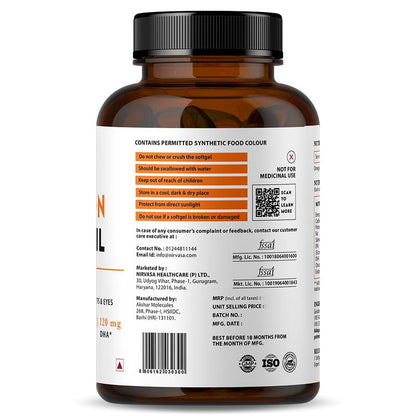 Nirvasa Omega-3 Salmon Fish Oil Capsules (1000mg, 60 Softgels) | High-Potency 180mg EPA & 120mg DHA | Supports Heart, Brain, Eye & Bone Health | No Fishy Burps | For Men & Women