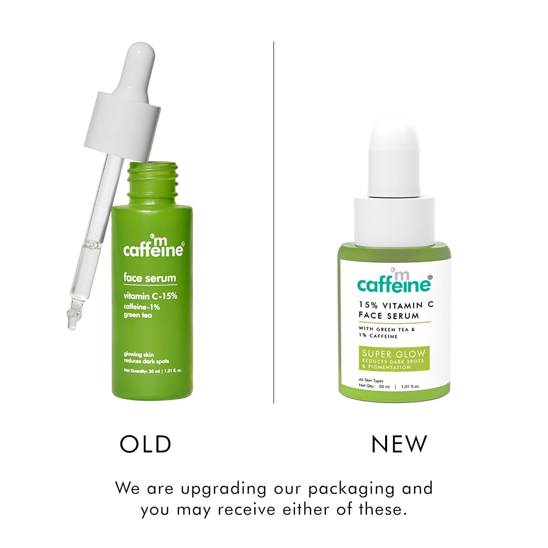 Comparison of 'm caffeine' face serum packaging upgrade on a white background