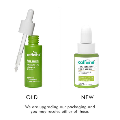 Comparison of 'm caffeine' face serum packaging upgrade on a white background