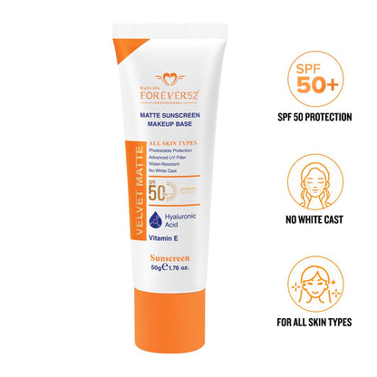 Daily Life Forever52 Velvet Matte Sunscreen SPF 50+ PA++++ | Lightweight Makeup Base | No White Cast | Hyaluronic Acid & Vitamin E | Matte Finish - 50g