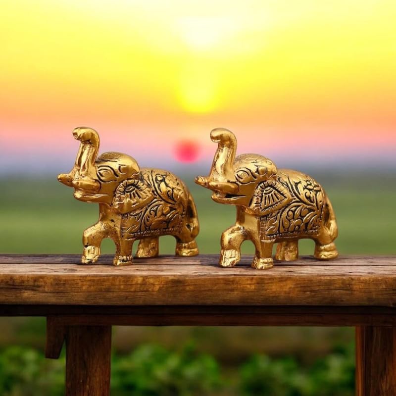 Oxidised Metal Miniature Elephant Pair Decorative Showpiece | Elephant Trunk Up Idol for Living Room Temple Office Table | Vastu Feng Shui Home Decor | 7.5X2.5X5.5 Cm (Regular Quality)