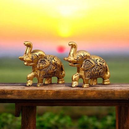 Oxidised Metal Miniature Elephant Pair Decorative Showpiece | Elephant Trunk Up Idol for Living Room Temple Office Table | Vastu Feng Shui Home Decor | 7.5X2.5X5.5 Cm (Regular Quality)
