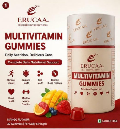 ERUCAA Multivitamin Gummies | Mango Flavour | 30 Gummies | Gluten Free | Daily Multivitamin Gummies for Adults