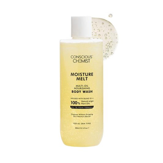 Bottle of Conscious Chemist Moisture Melt body wash on a white background