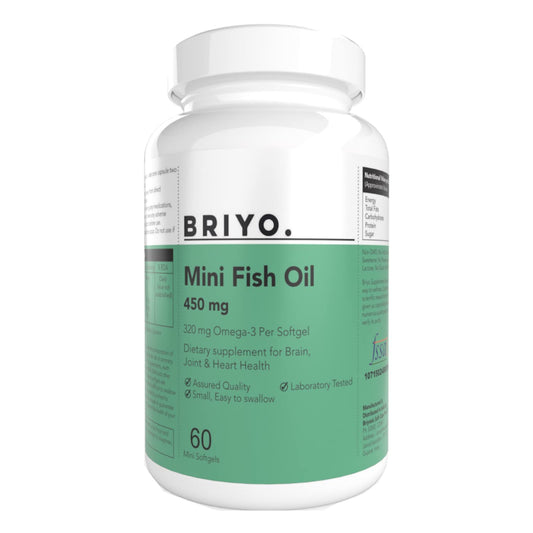 Briyo Mini Fish Oil supplement bottle on a white background