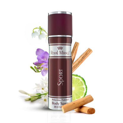 Royal Mirage Sport body spray bottle with cinnamon sticks, flowers, and lime on a white background