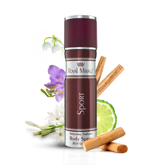 Royal Mirage Sport body spray bottle with cinnamon sticks, flowers, and lime on a white background