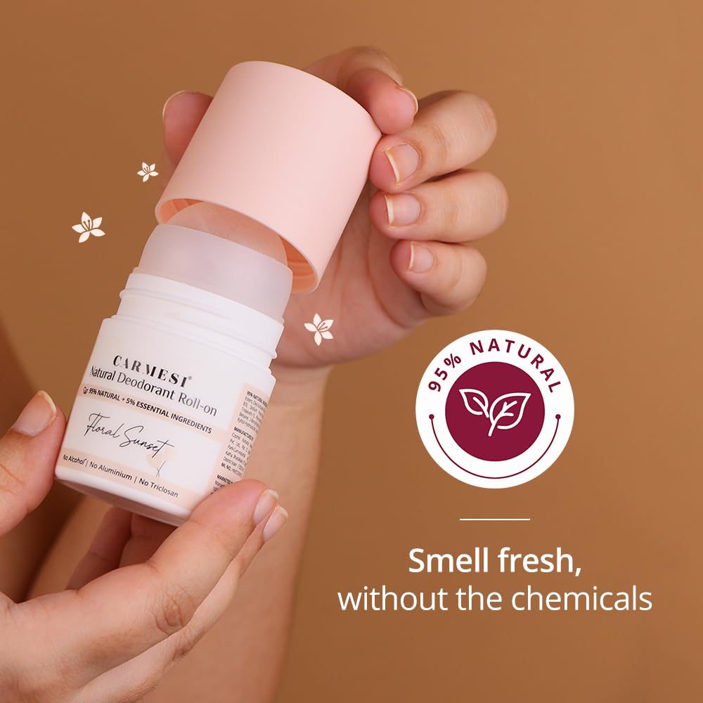 Carmesi Natural Underarm Roll On Deodorant for Women | 95% Natural | Prevents Body Odour | No Alcohol & Aluminium | Floral Sunset - Soft Floral Fragrance | 50 ml