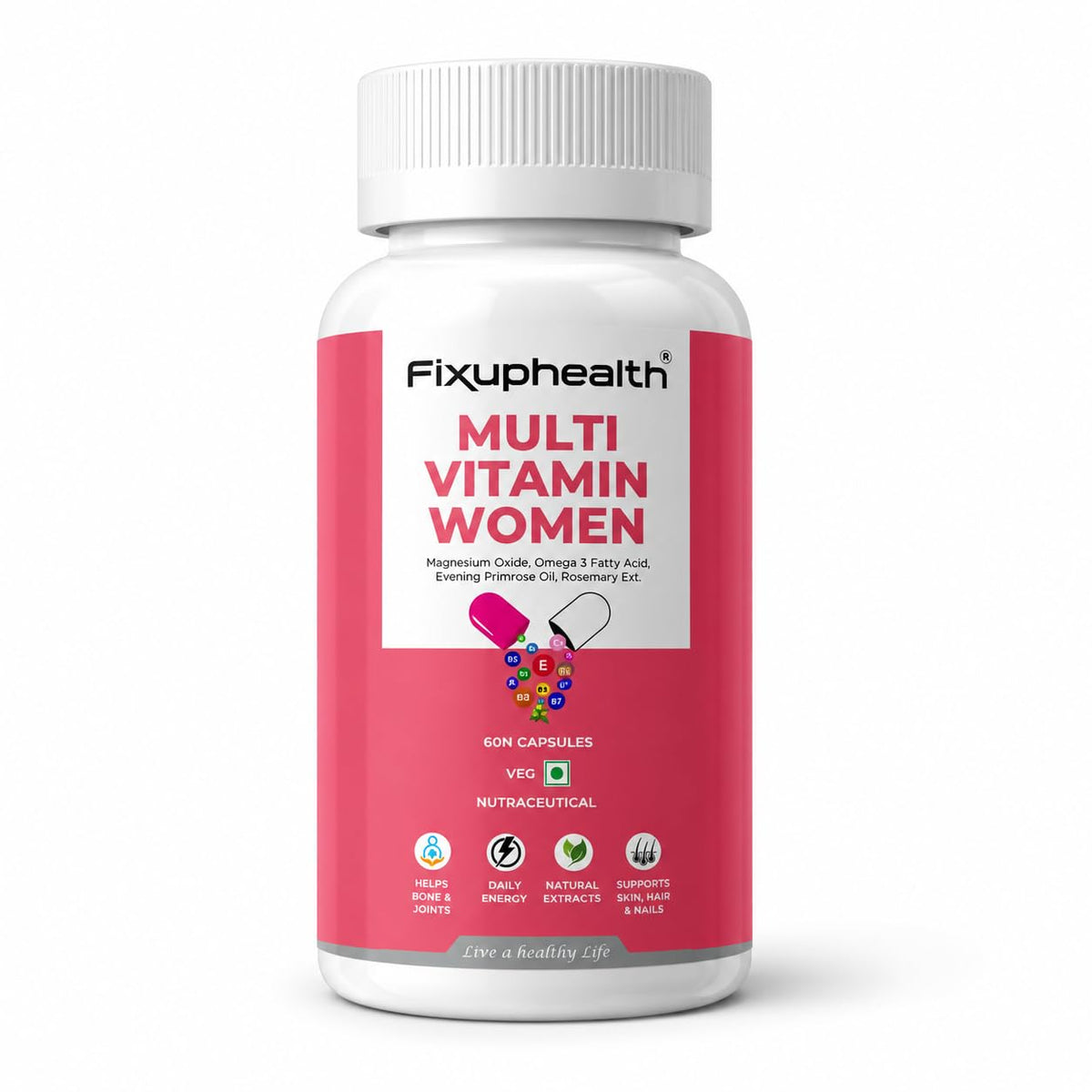 Fixuphealth Multivitamin Capsules for Women | Multivitamin with Probiotics, Omega 3, Evening Primrose Oil, Vitamins C, B12, Magnesium & Zinc | Immunity, Energy & Daily Wellness Support | 60 Capsules
