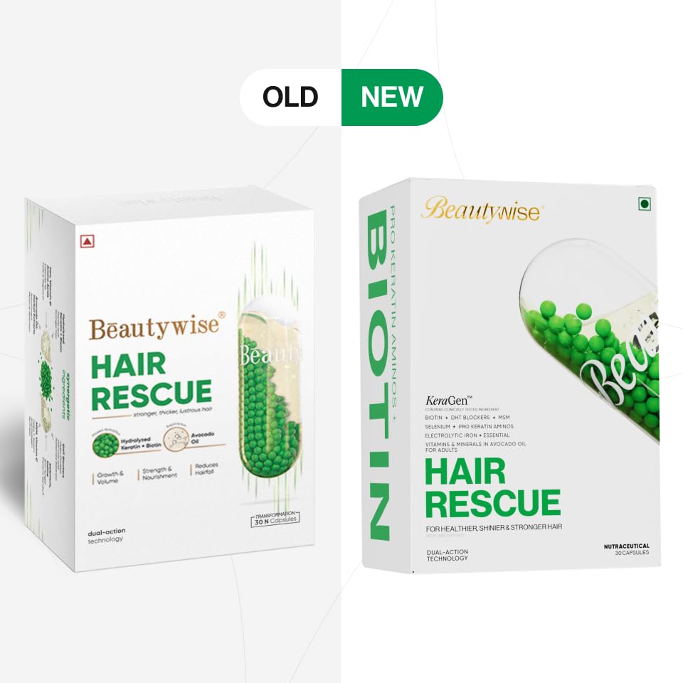 Comparison of Beautywise Hair Rescue packaging, old and new versions, on a white background.