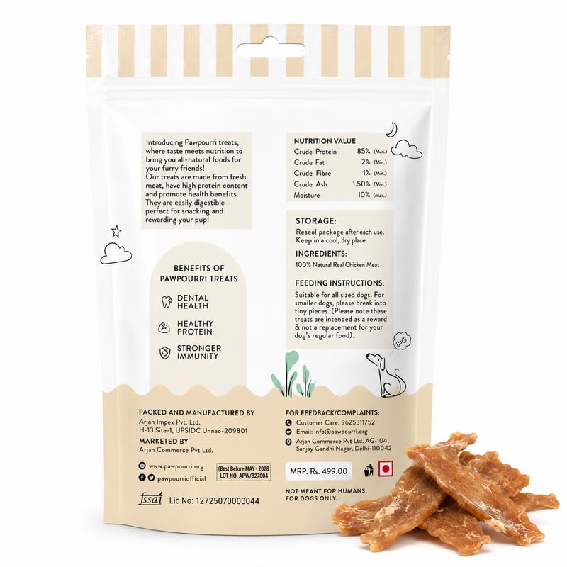 PAWPOURRI Natural Chicken Jerky Dog Treats for All Breeds & Sizes | Daily Use Dog Treats | High Protein Chewy Training & Reward Snacks (Chicken Jerky, Pack of 1) 100gm