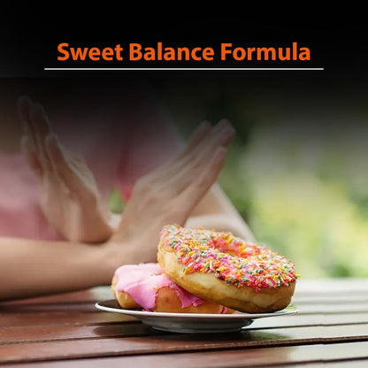 Two donuts on a plate with a blurred background and 'Sweet Balance Formula' text.