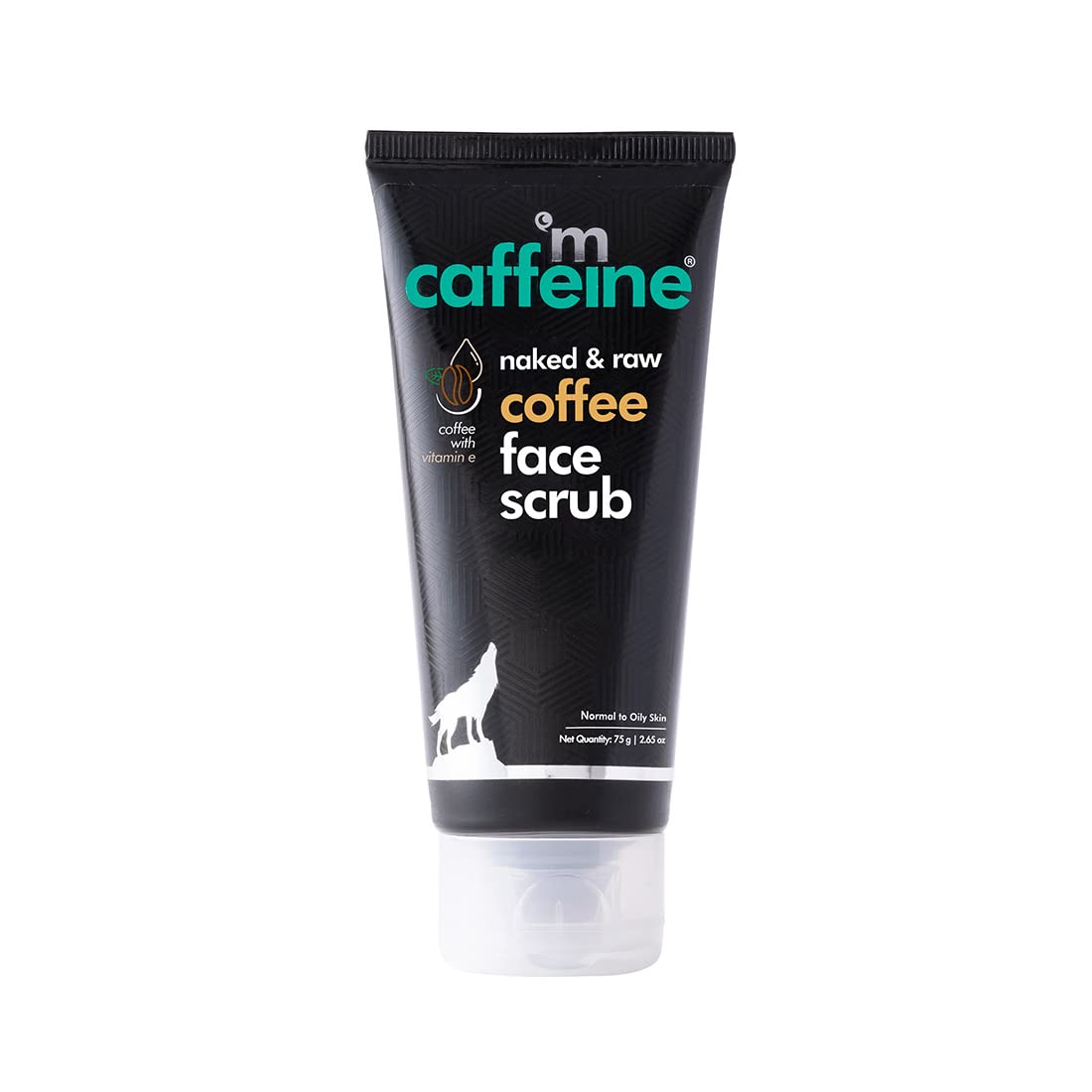 Tube of 'm caffeine naked & raw coffee face scrub' on a white background