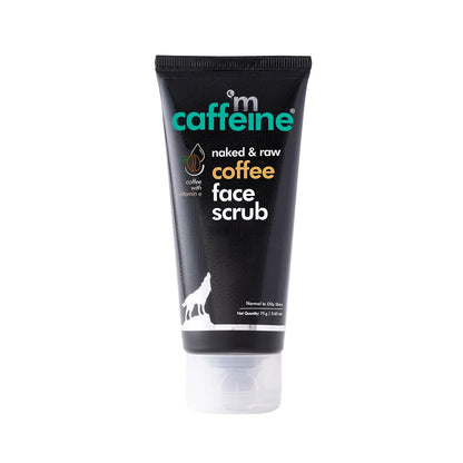 Tube of 'm caffeine naked & raw coffee face scrub' on a white background