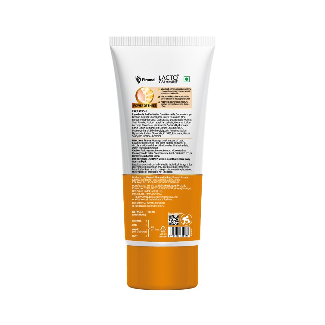 Lacto Calamine Vitamin C Face Wash | Pack of 1 x 100ml | Aloe Vera & Niacinamide Face Wash for Glowing Skin | Facewash that Exfoliates Skin & Reduces Pigmentation | No Parabens, No Sulphates