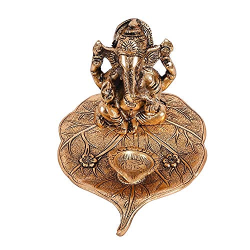 Gold Plated Leaf Ganesh Idol (Murti) Oxidized Finish with Beautiful Red Velvet Box Packing and with Carry Bag (10H x 13W x 16L Centimeters)