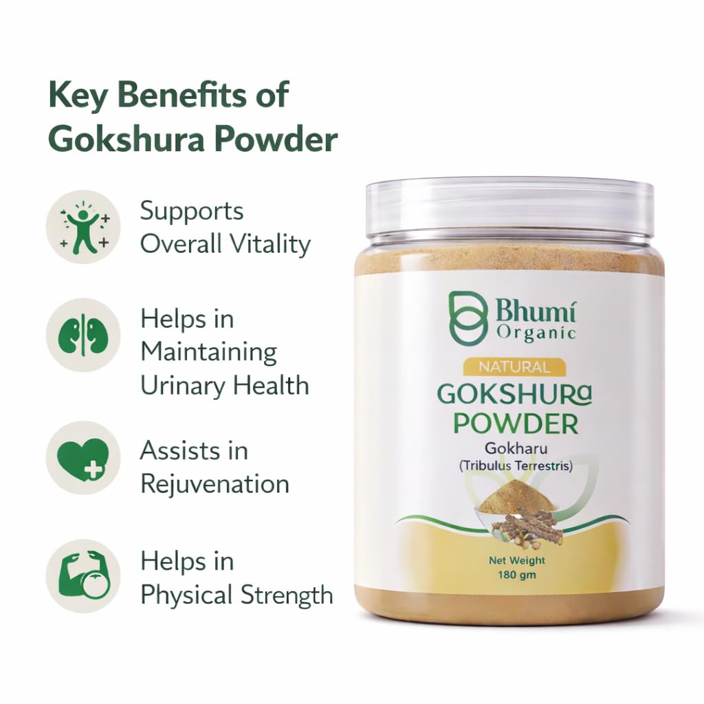 Bhumi Organic Gokshura Powder container with key benefits listed on a white background