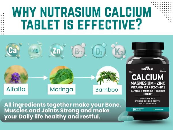 Nutrasium | Calcium & Vitamin D3 Tablets | Calcium Magnesium Zinc D3 & K2 with B12 & Folic Acid | Alfalfa, Moringa & Bamboo Leaves Extract | For Strong Bone & Joint Support | 120 Tablets